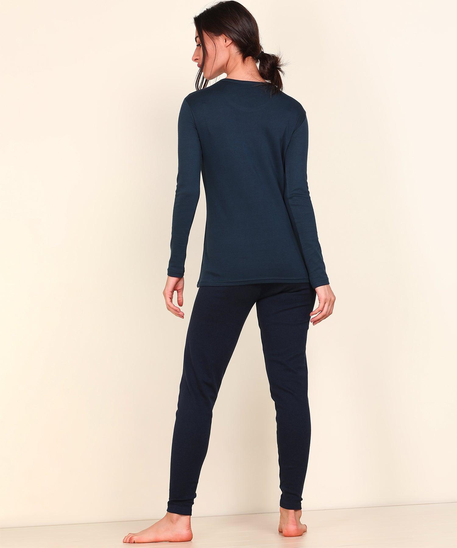 Thermal Tights & Full Sleeve Top Set for Winter Stretchable - Navy - Young Trendz