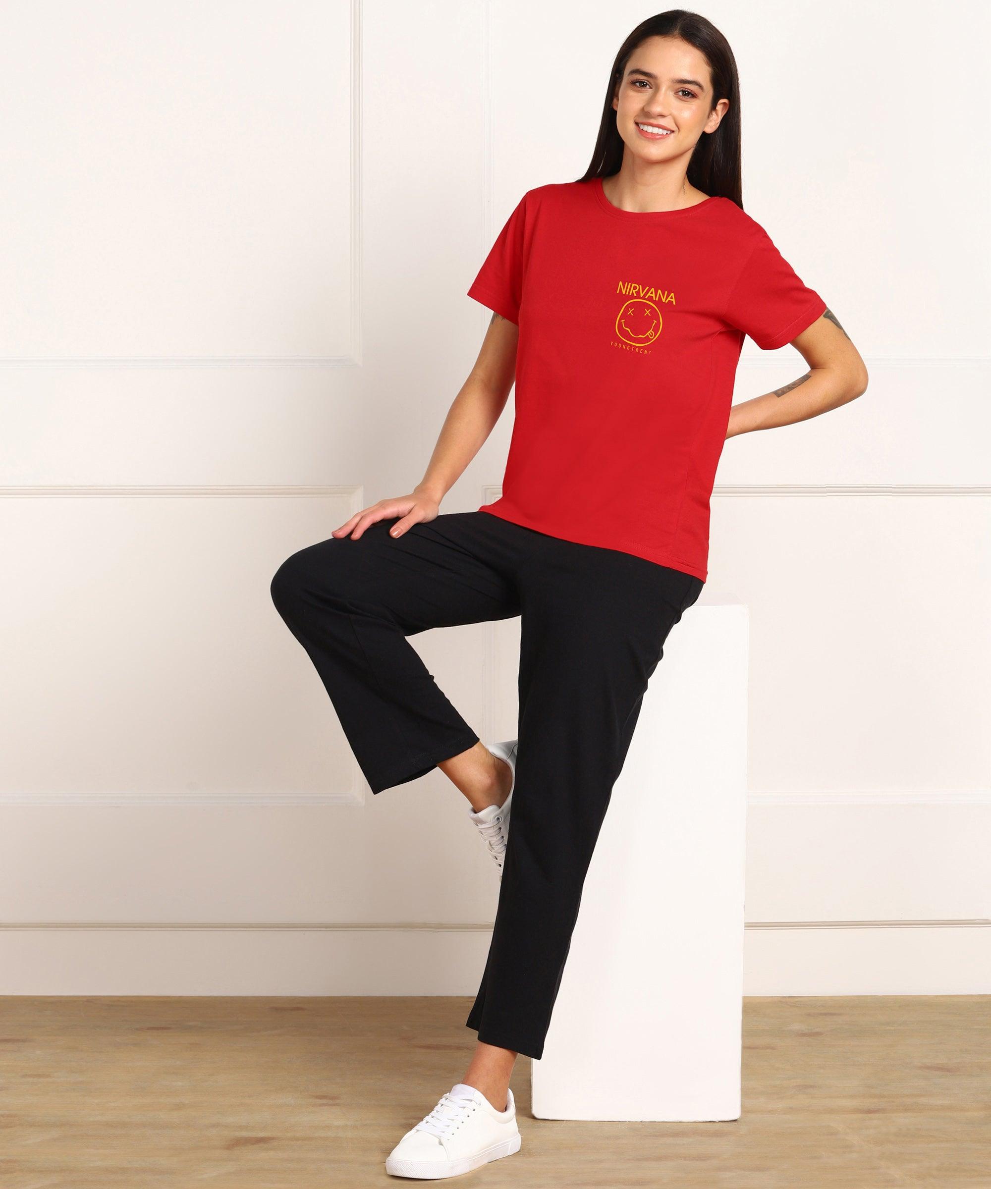 Women Printed T-shirt & Pyjama Set Pure Soft Cotton - Young Trendz