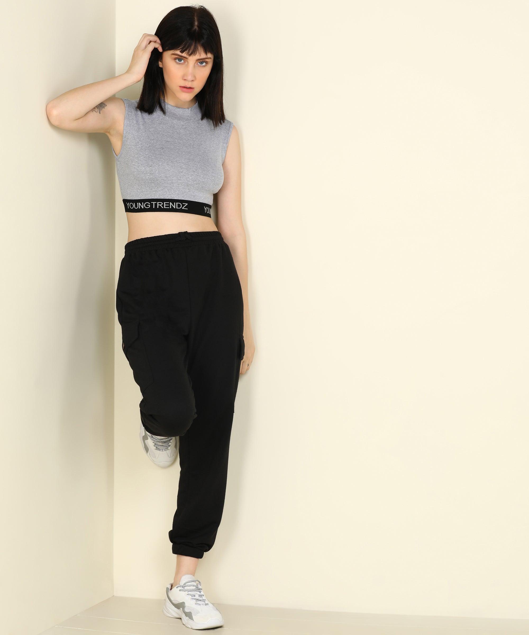Womens SleeveLess Elastic Crop Rib Grey Top - Young Trendz