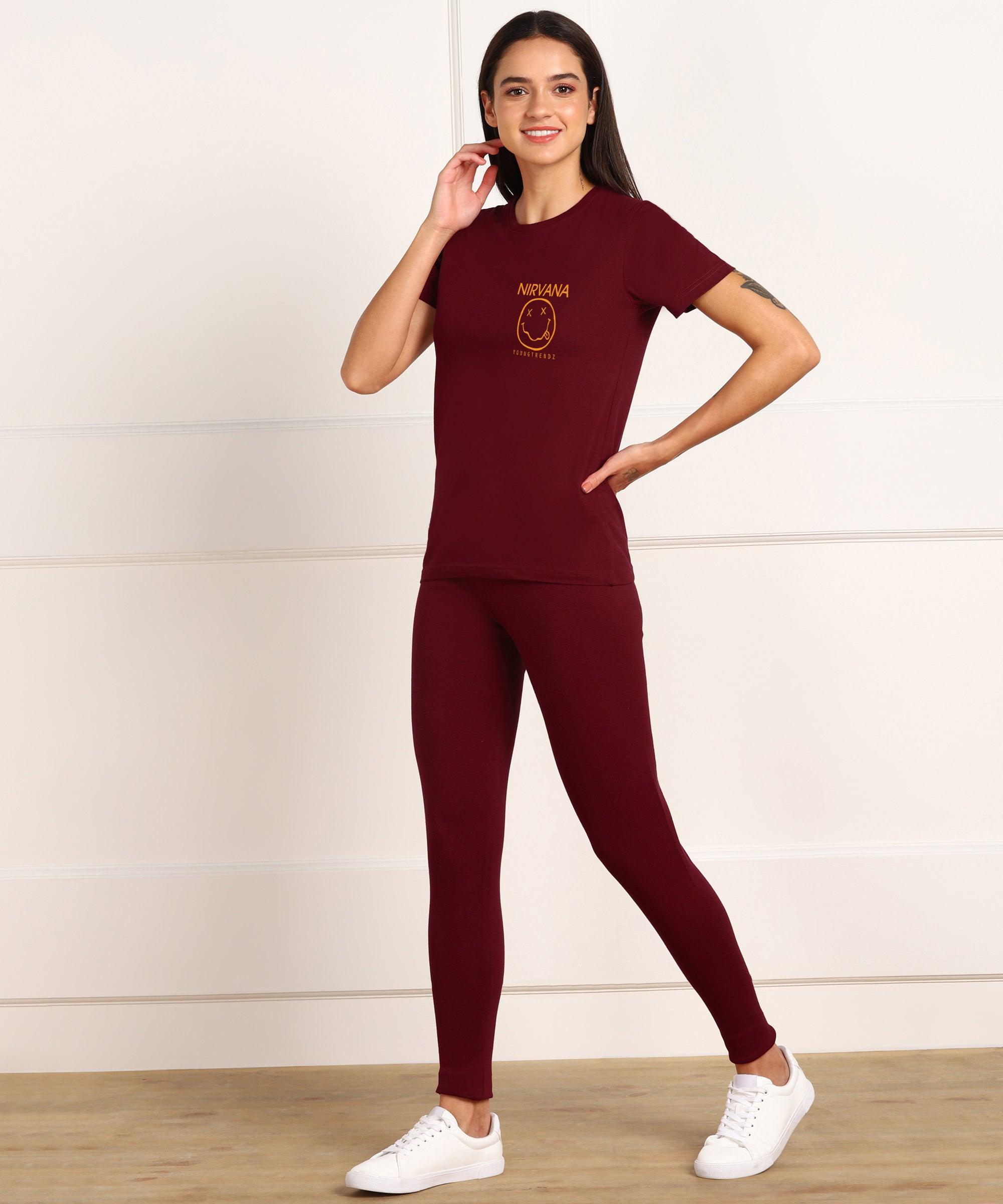 Womens Lounge Wear Regular Fit T-Shirt And Print Tights Set - Young Trendz
