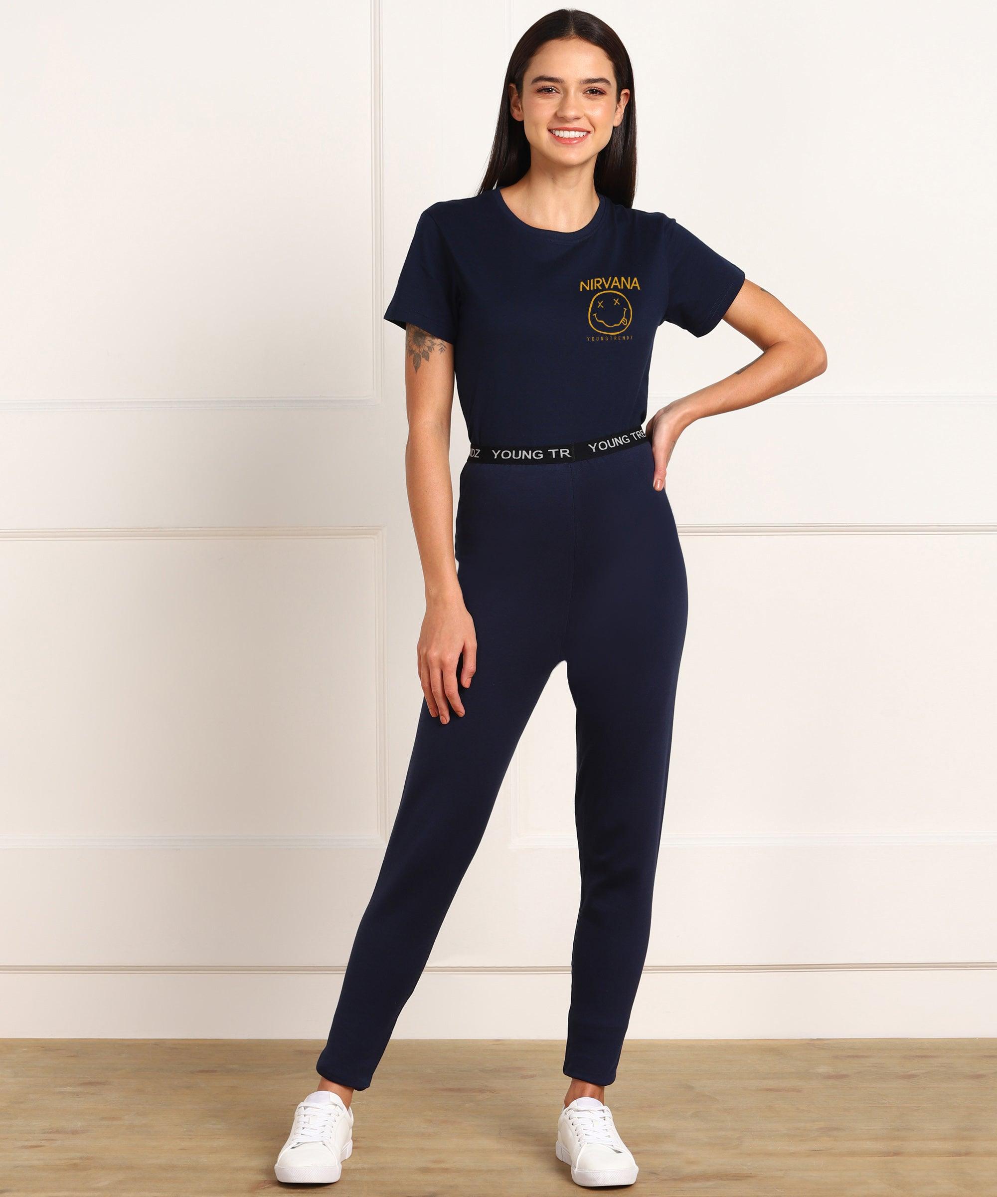 Womens Lounge Wear Regular Fit T-Shirt And Print Tights Set - Young Trendz