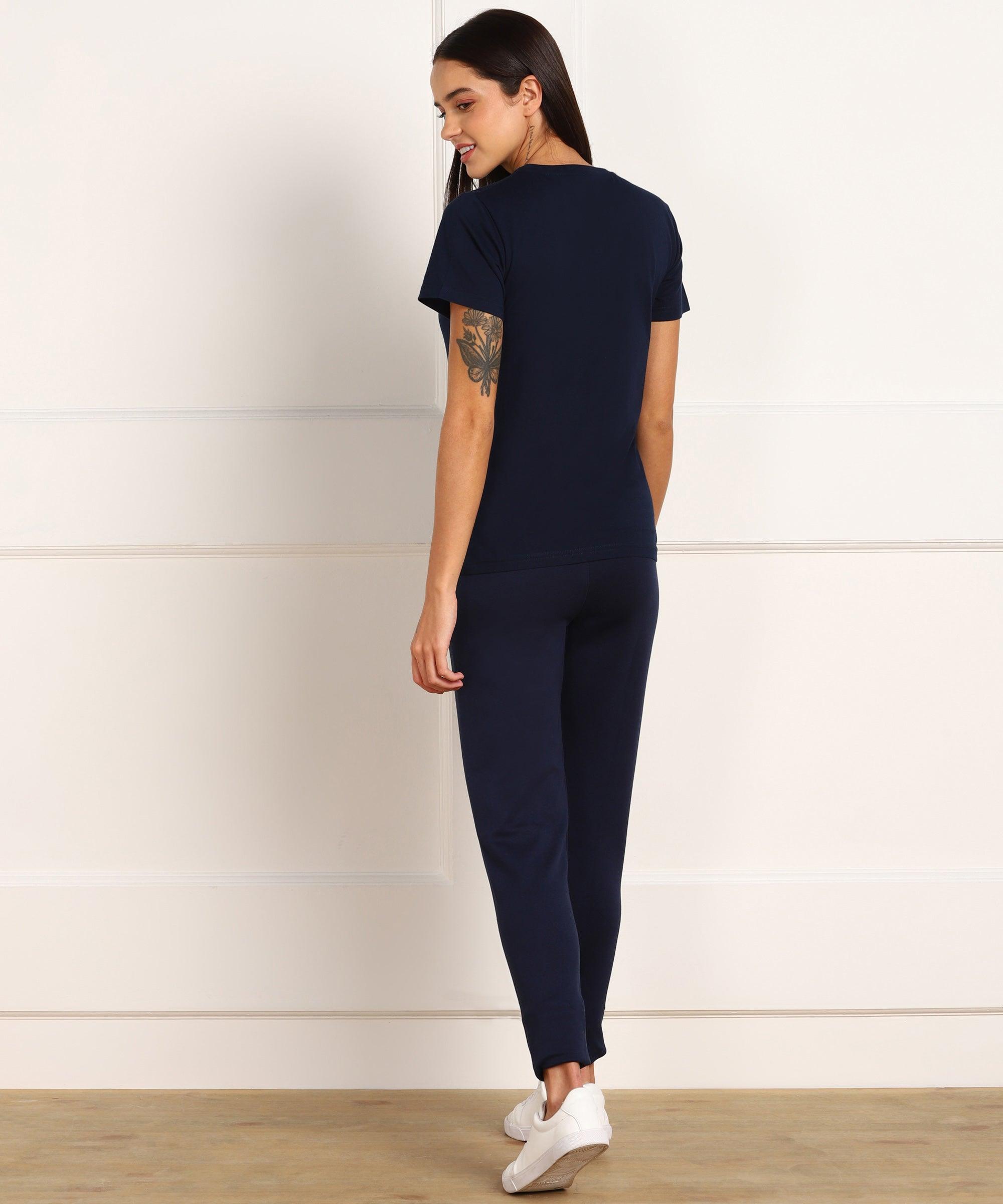 Womens Lounge Wear Regular Fit T-Shirt And Print Tights Set - Young Trendz