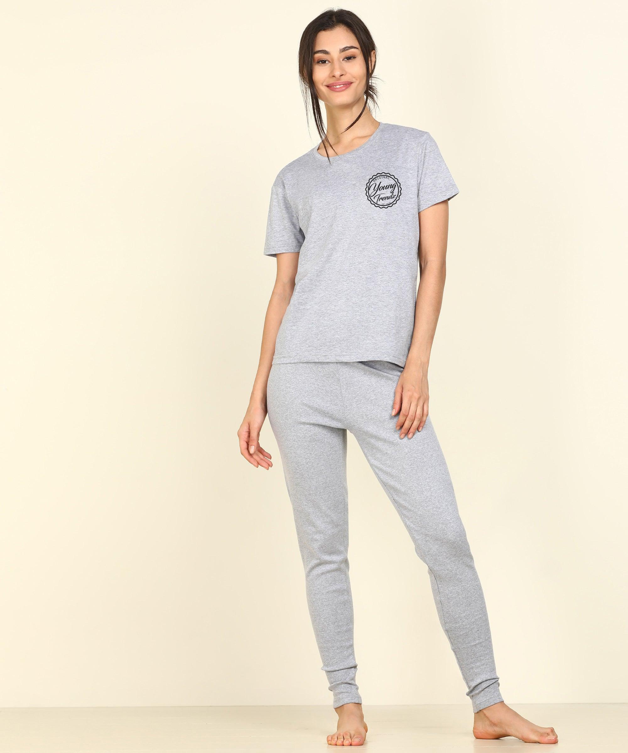 Womens Lounge Wear Regular Fit T-Shirt And Print Tights Set - Young Trendz