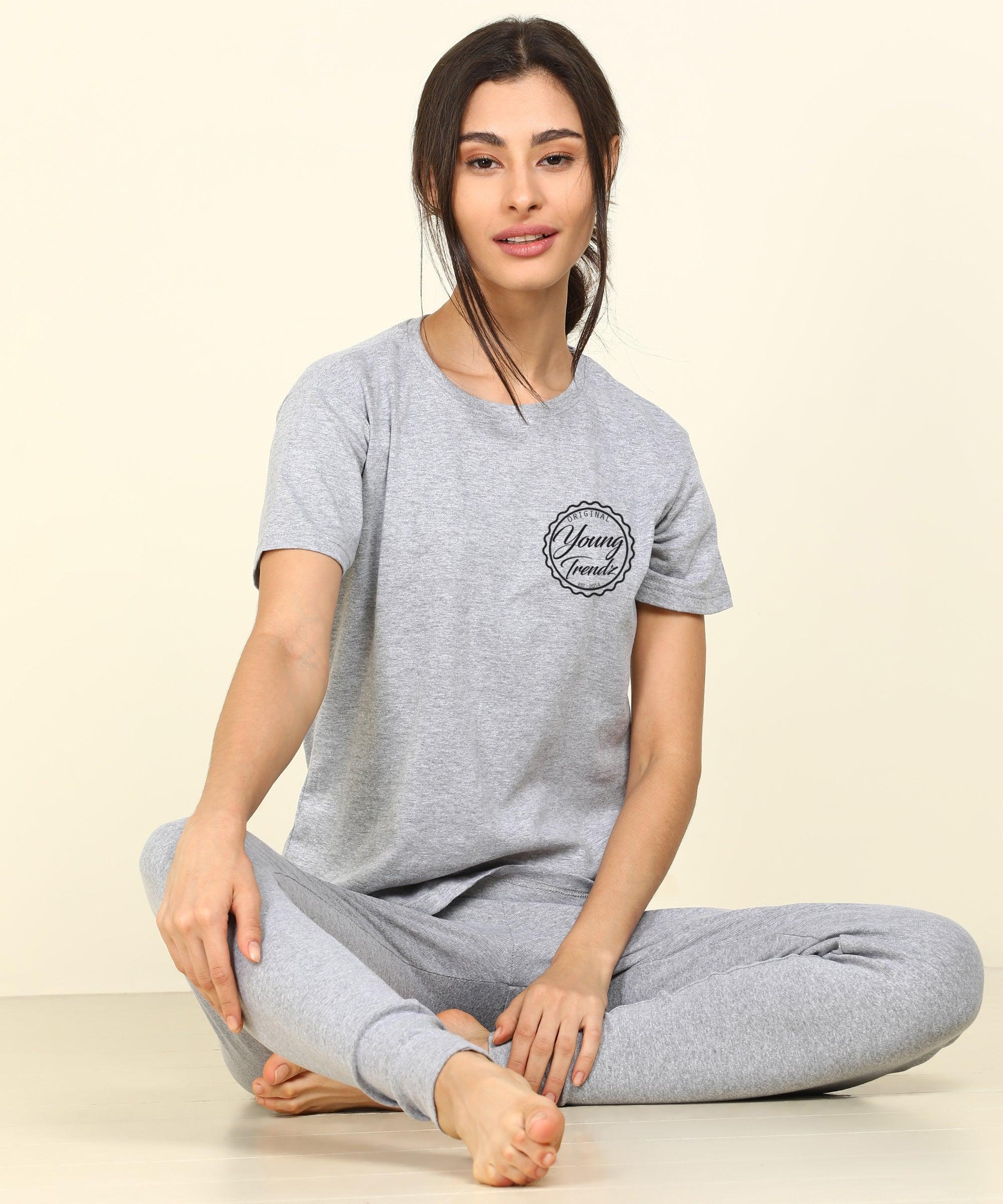 Womens Lounge Wear Regular Fit T-Shirt And Print Tights Set - Young Trendz