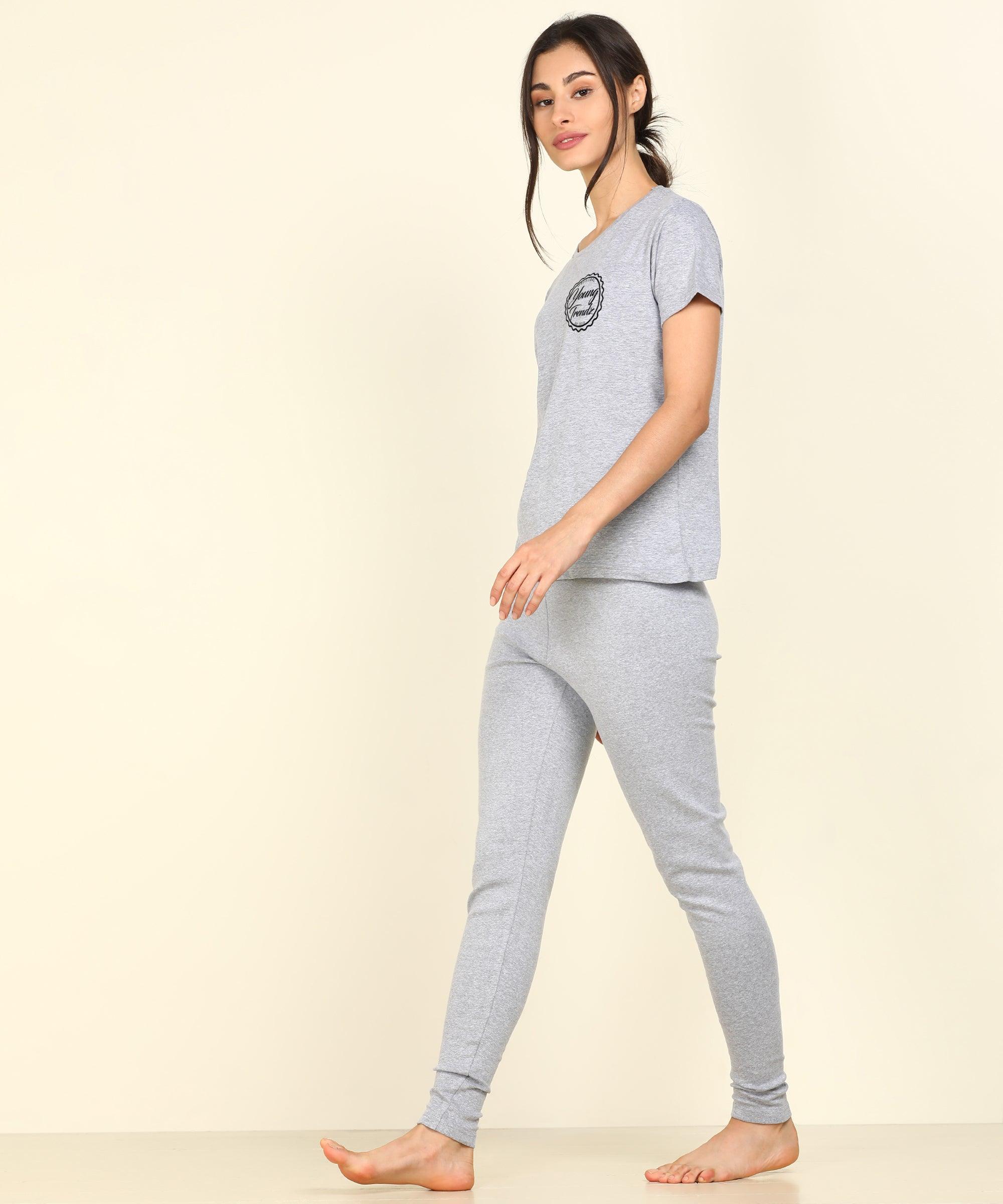Womens Lounge Wear Regular Fit T-Shirt And Print Tights Set - Young Trendz
