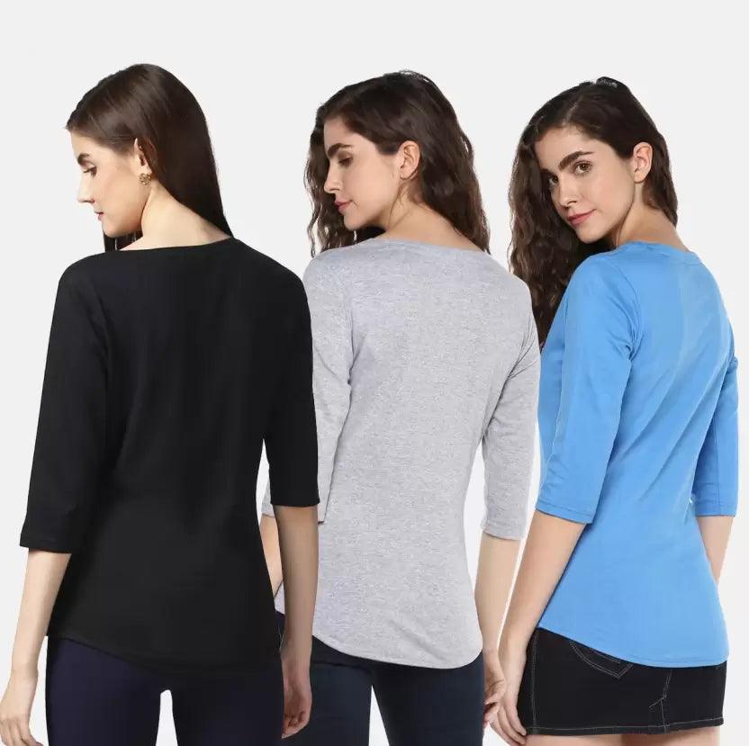 Pack of 3 Women Self Design, Solid Round Neck T-Shirt (BLACK,GREY,SKYBLUE) - Young Trendz