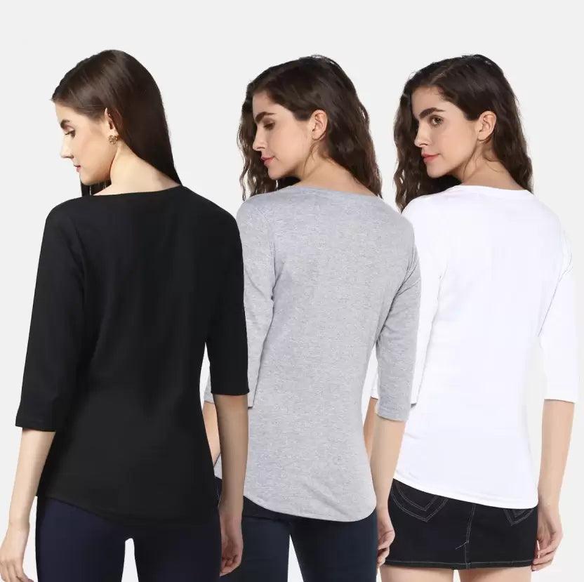 Pack of 3 Women Self Design, Solid Round Neck T-Shirt (BLACK GREY WHITE) - Young Trendz