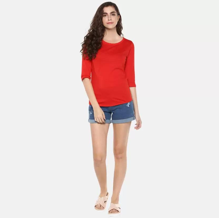 Pack of 3 Women Self Design, Solid Round Neck T-Shirt (Red, Grey, Yellow) - Young Trendz