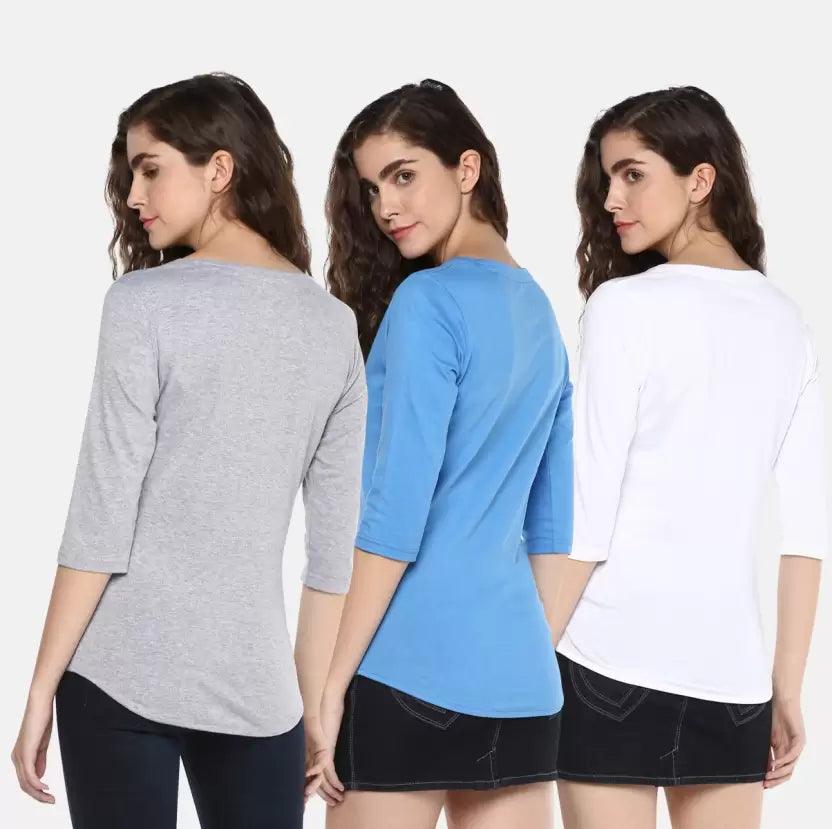 Pack of 3 Women Self Design, Solid Round Neck T-Shirt (GREY SKYBLUE WHITE) - Young Trendz
