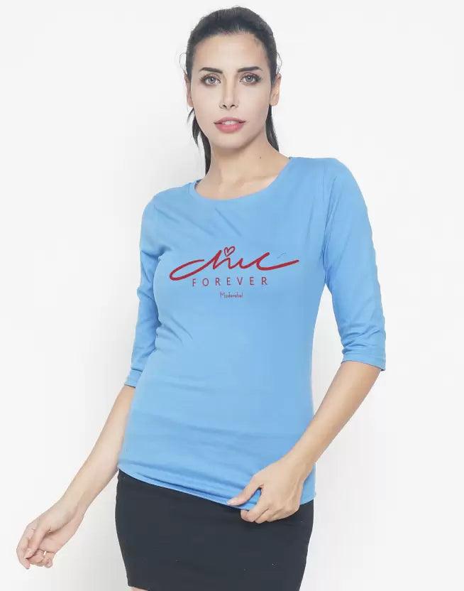 Women Printed Round Neck T-Shirt ( Light Blue ) - Young Trendz