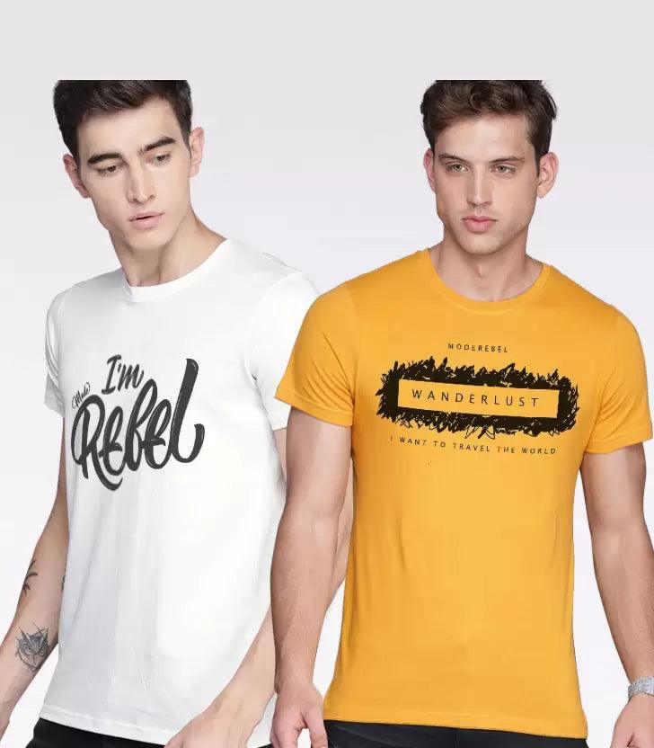 Young Trendz Mens Printed round neck Halfsleeve Tshirt (White & Mustard) - Young Trendz