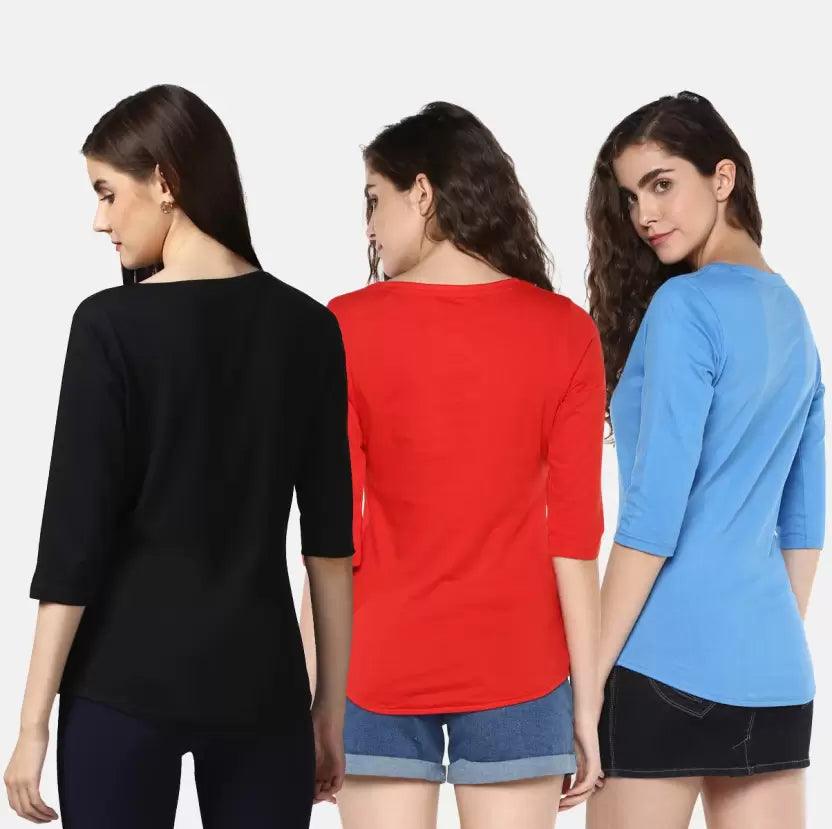 Pack of 3 Women Self Design, Solid Round Neck T-Shirt (BLACK,RED,SKYBLUE) - Young Trendz