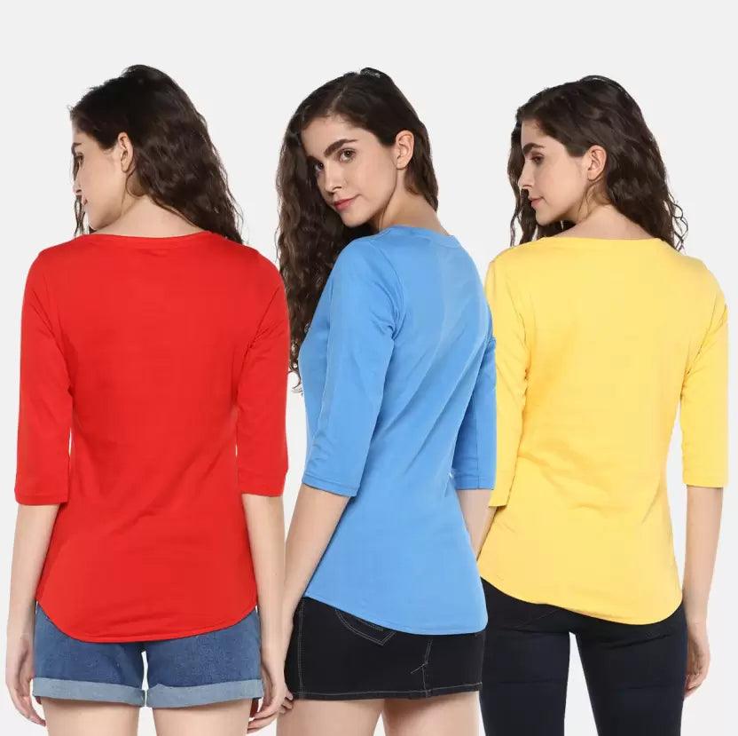 Pack of 3 Women Self Design, Solid Round Neck T-Shirt (Red, Blue, Yellow) - Young Trendz