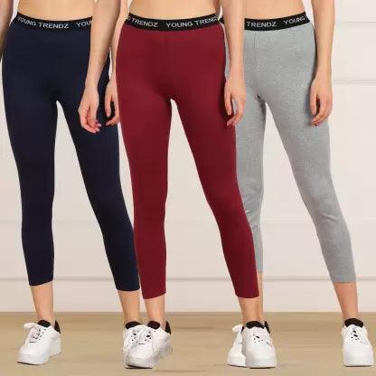 Women Multicolor 3/4th/Calf Length Tights (GREY,MAROON,NAVY) - Young Trendz