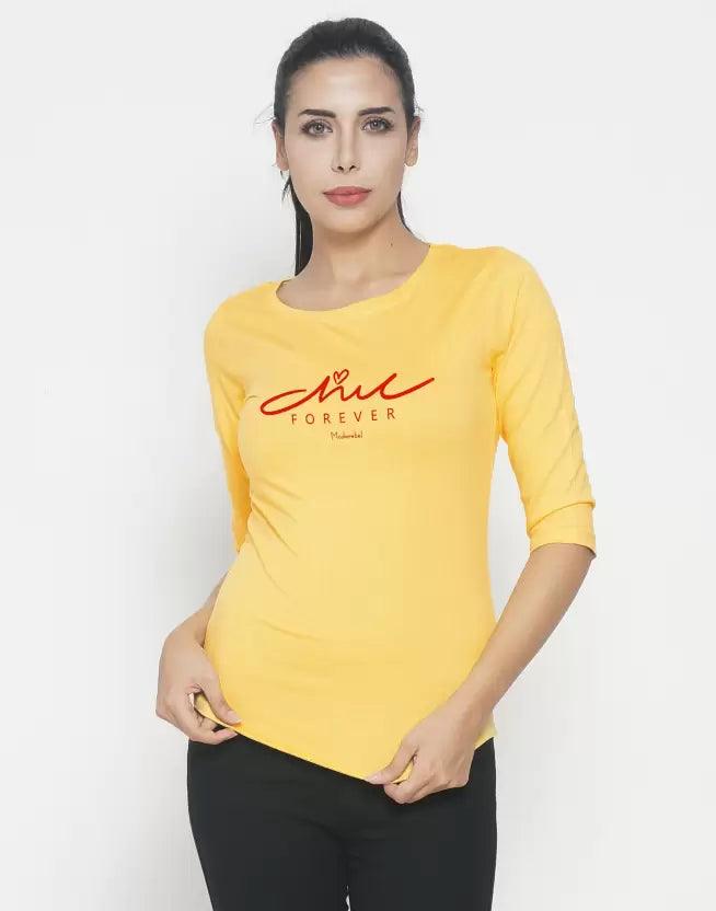 Women Printed Round Neck T-Shirt ( Yellow) - Young Trendz