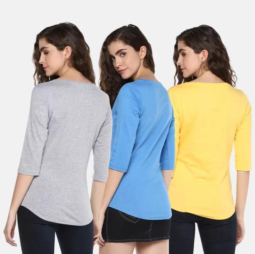 Pack of 3 Women Self Design, Solid Round Neck Tshirt (SkyBlue, Grey, Yellow) - Young Trendz