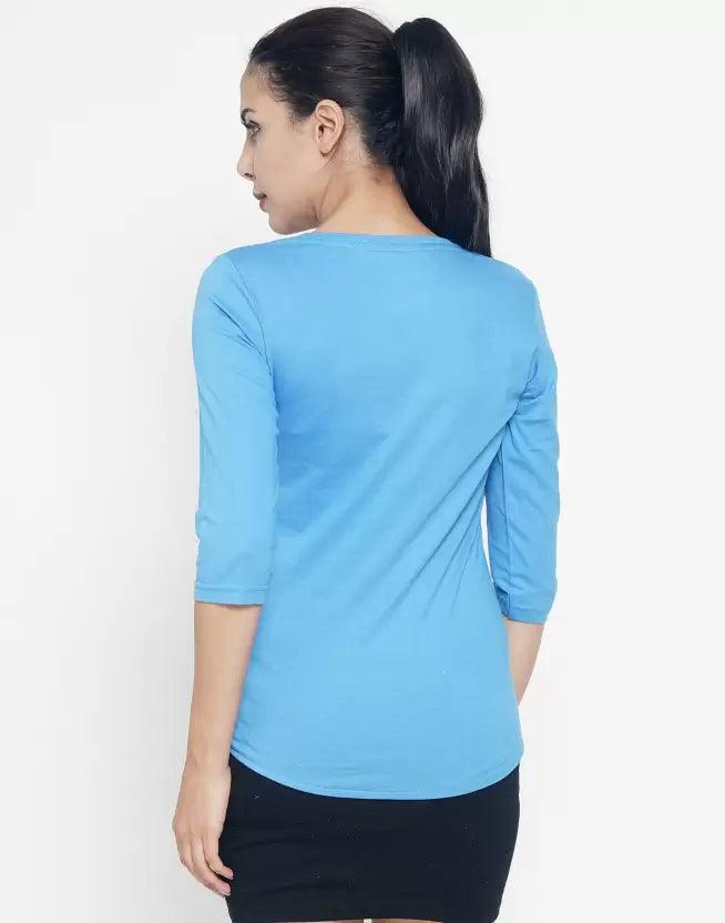 Women Printed Round Neck T-Shirt ( Light Blue ) - Young Trendz