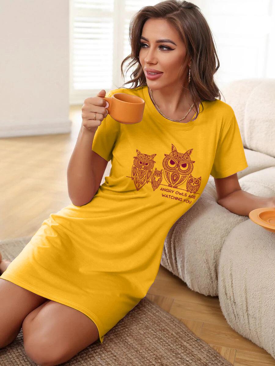 Women Half Sleeve Printed Nighty_(Yellow) - Young Trendz