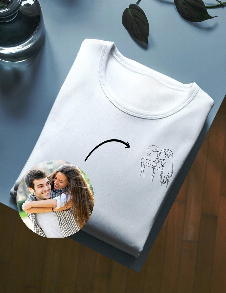 Custom Portrait Outline Shirt, Line Art Photo Shirt For Couples Gift, Custom Portrait & Name, Photo Outline Tee For Valentine Gift - Young Trendz