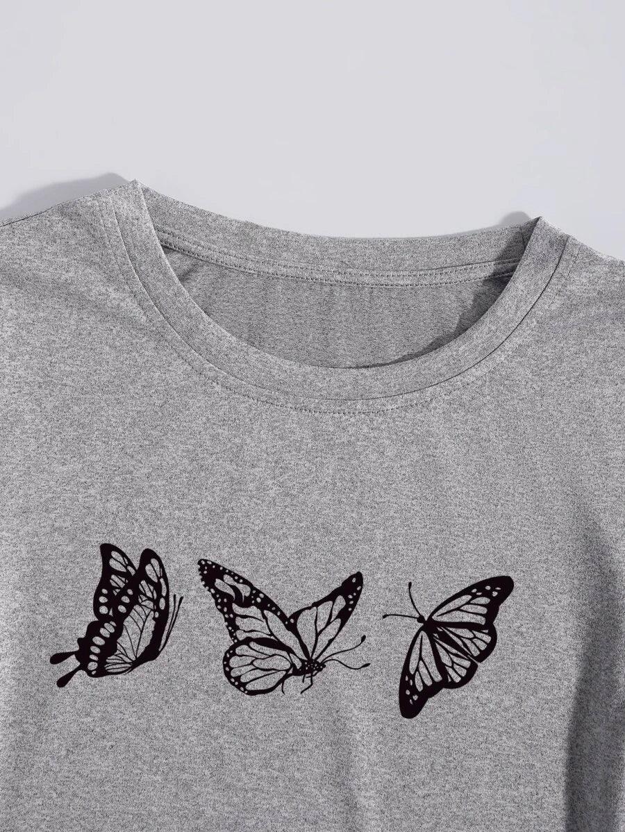 Womens Round Neck Printed Grey T.shirts - Young Trendz