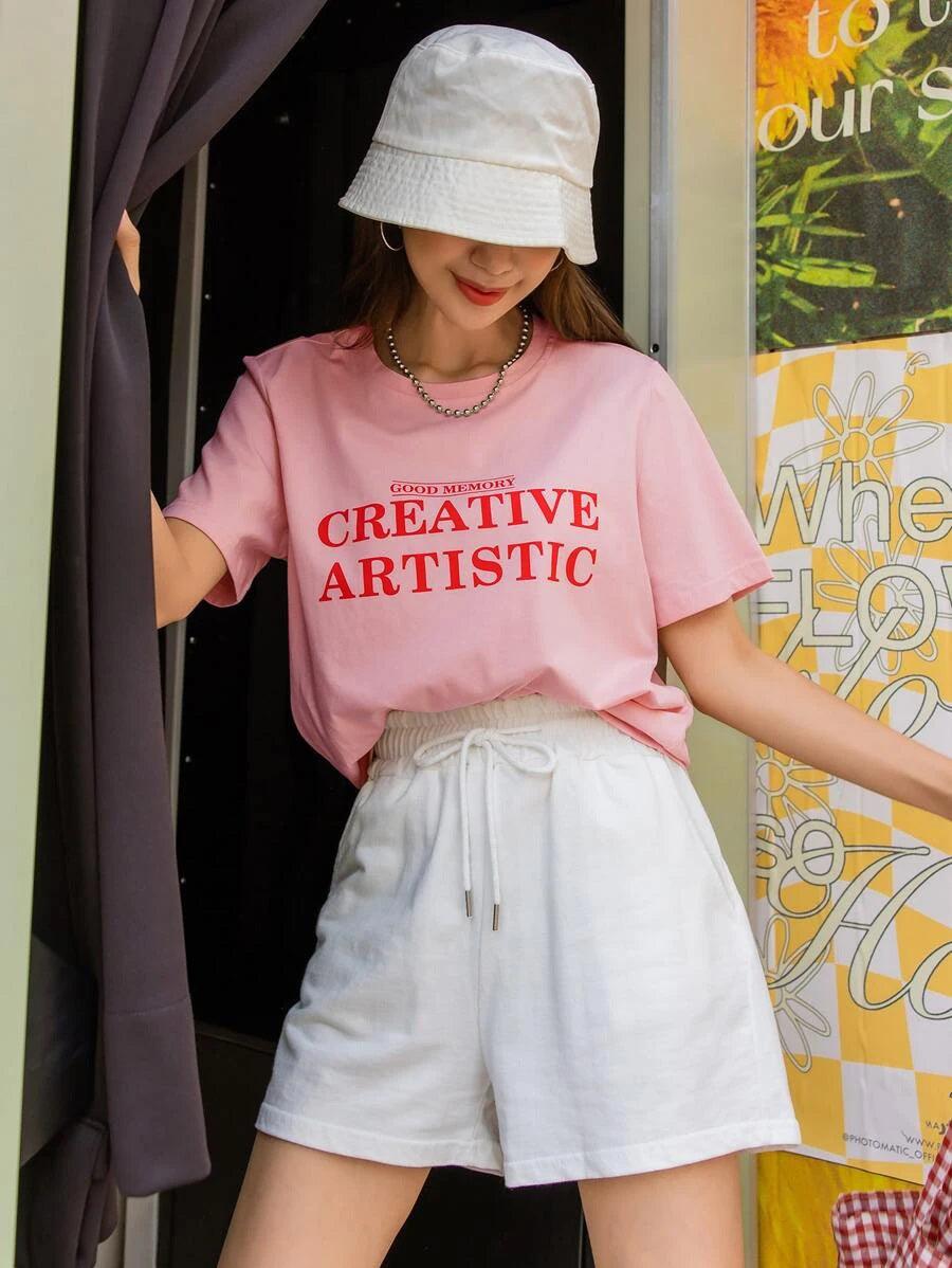 Womens Round Neck Printed Pink T.shirts - Young Trendz