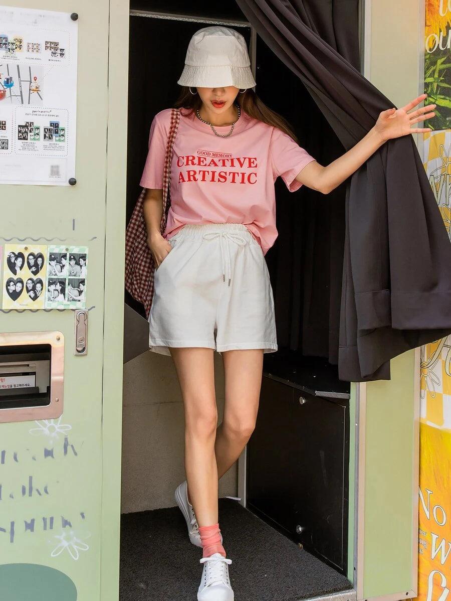 Womens Round Neck Printed Pink T.shirts - Young Trendz