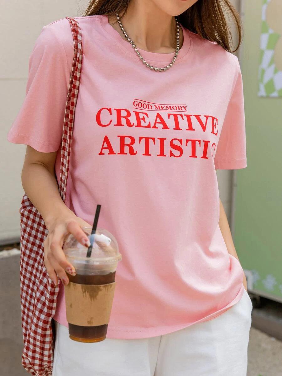 Womens Round Neck Printed Pink T.shirts - Young Trendz