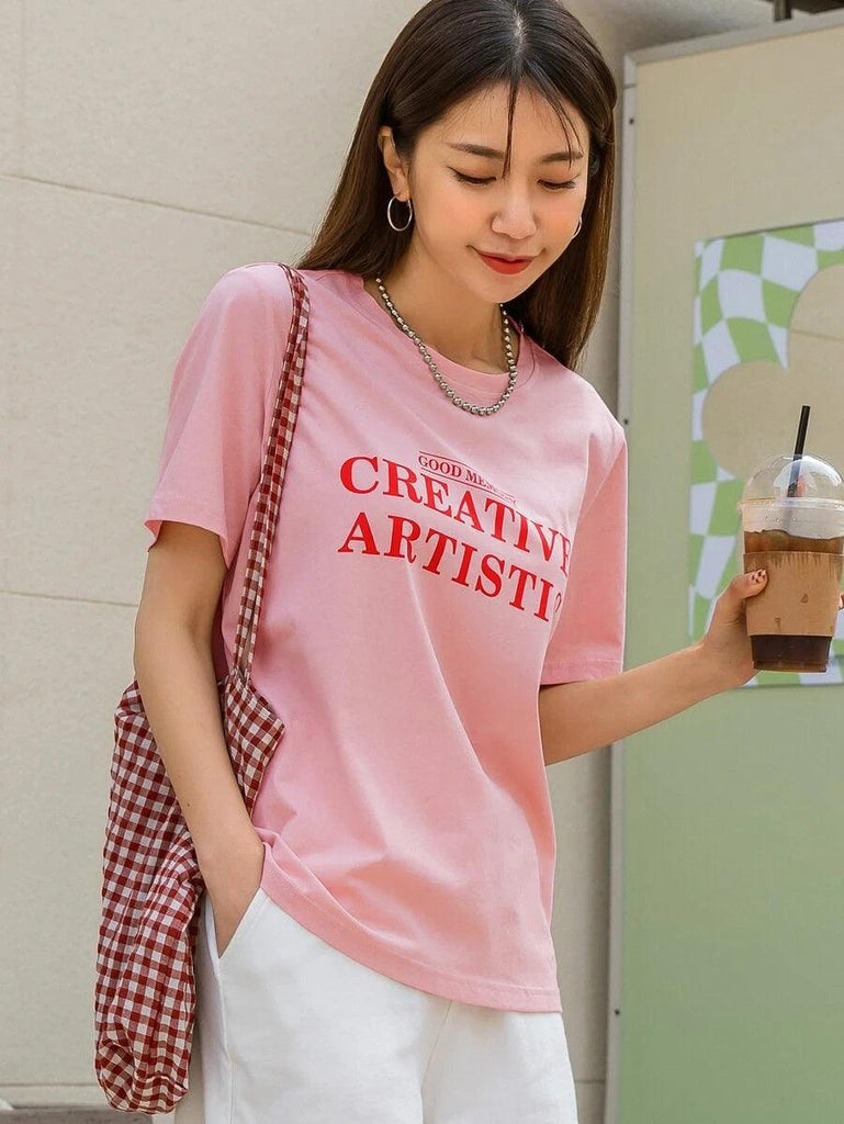 Womens Round Neck Printed Pink T.shirts - Young Trendz