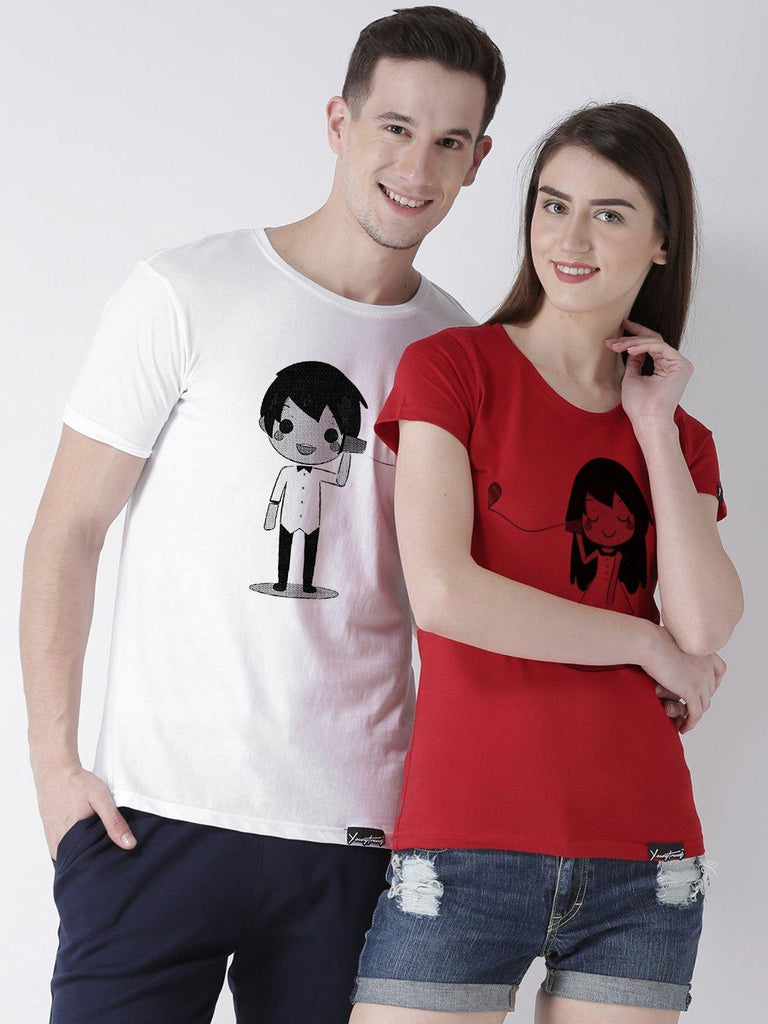 Phone Printed White(Men) Red(Women) Color Printed Couple Tshirts - Young Trendz