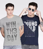 Pack of 2 Men Printed Round Neck T-Shirt Dark Blue, Grey - Young Trendz