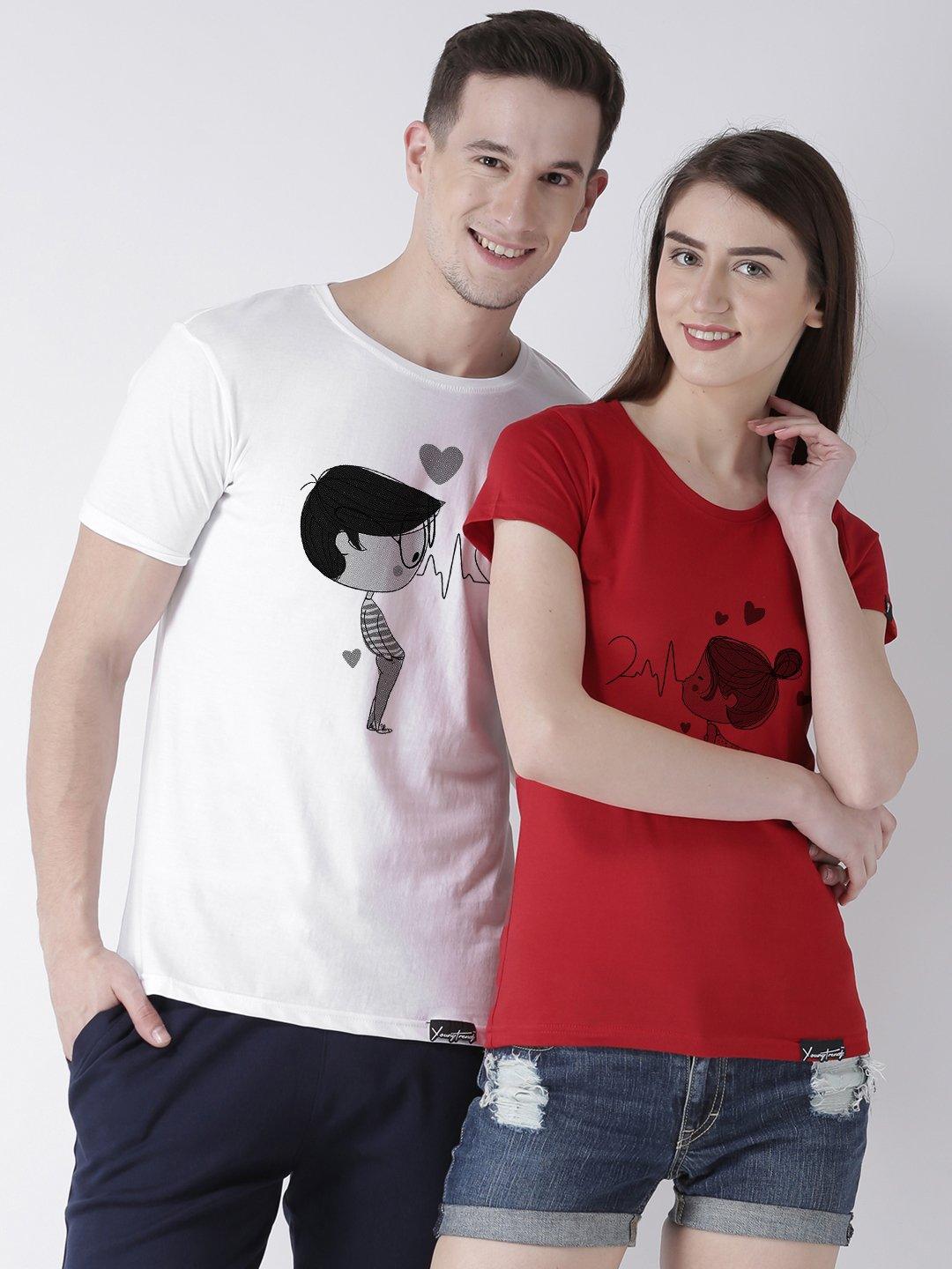 Pulse Printed White(Men) Red(Women) Color Printed Couple Tshirts - Young Trendz