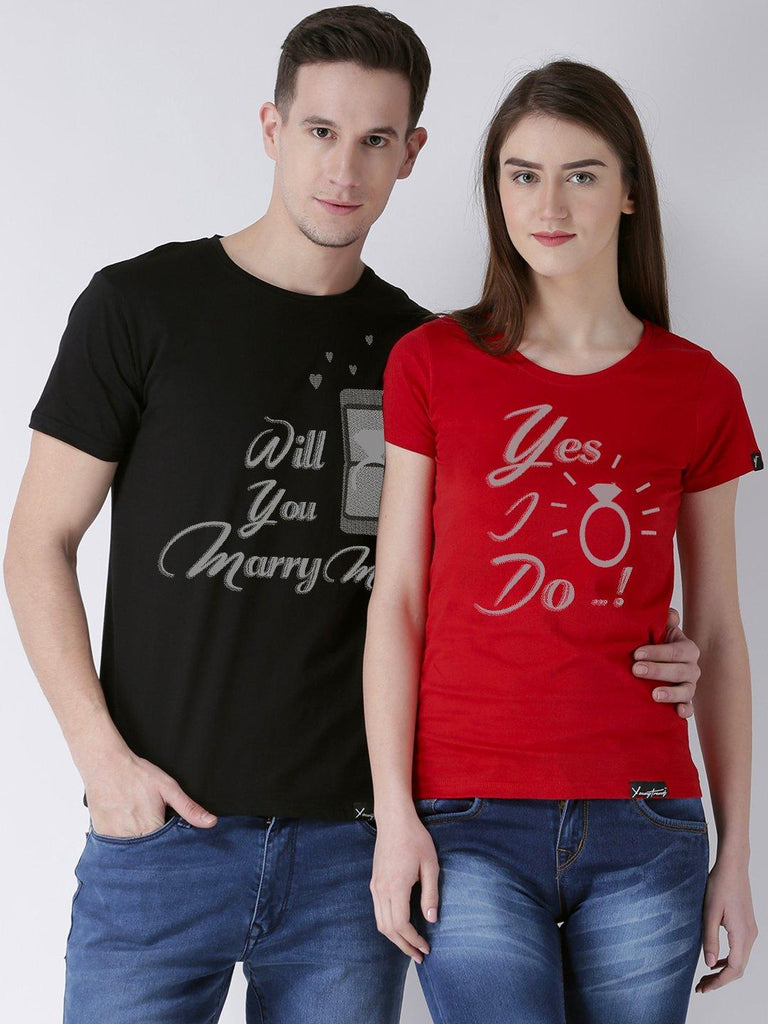 Marry me Printed Half Sleeve Black(Men) red(Women) Color Printed Couple Tshirts - Young Trendz