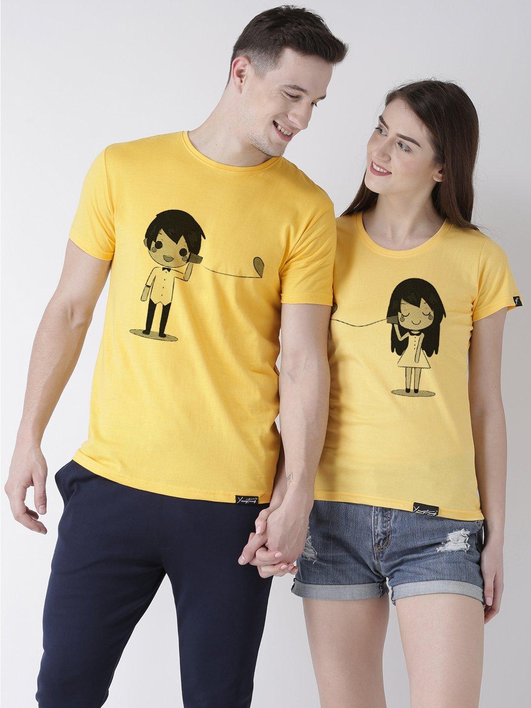 Phone Printed Yellow Color Couple Tshirts - Young Trendz