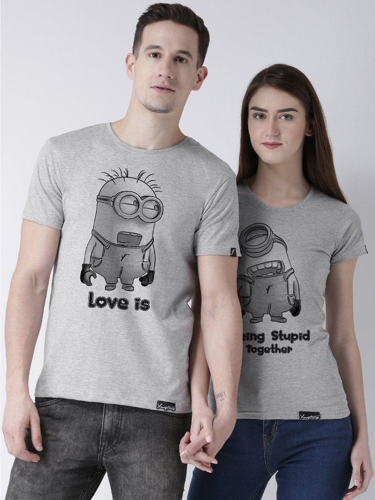 Minions Printed Grey Color Couple Tshirts - Young Trendz