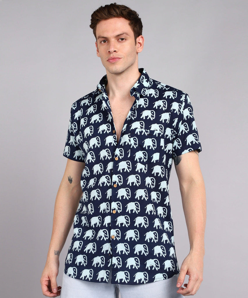 Mens Half Sleeve Casual Printed Shirt (Navy) - Young Trendz