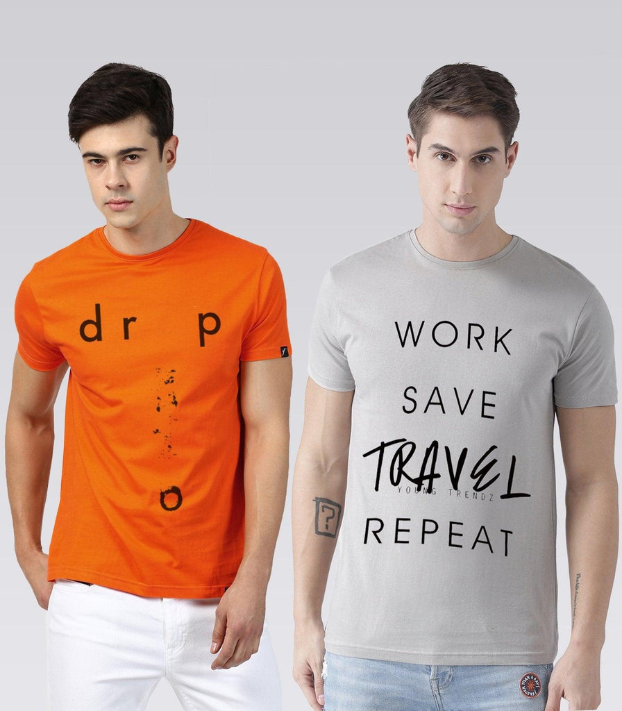 Young Trendz Mens Combo Drop Orange Color and Travel Steel Grey Color Half Sleeve Printed T-Shirts - Young Trendz