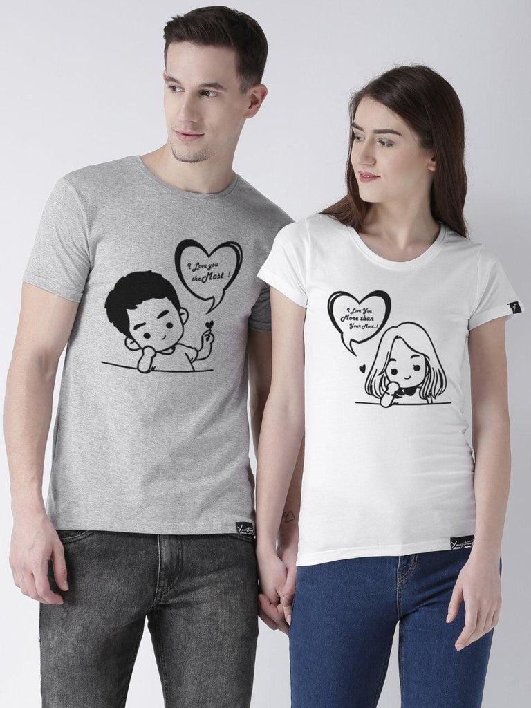 Love you Printed Grey(Men) White(Women) Color Printed Couple Tshirts - Young Trendz