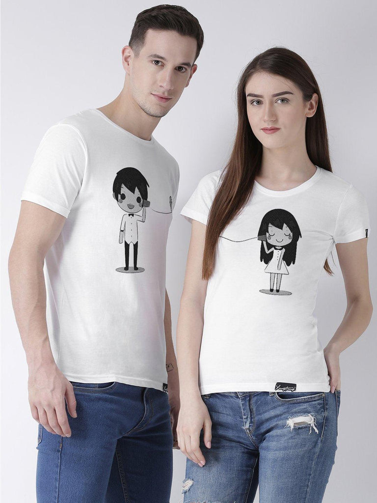 Phone Printed White Color Couple Tshirts - Young Trendz