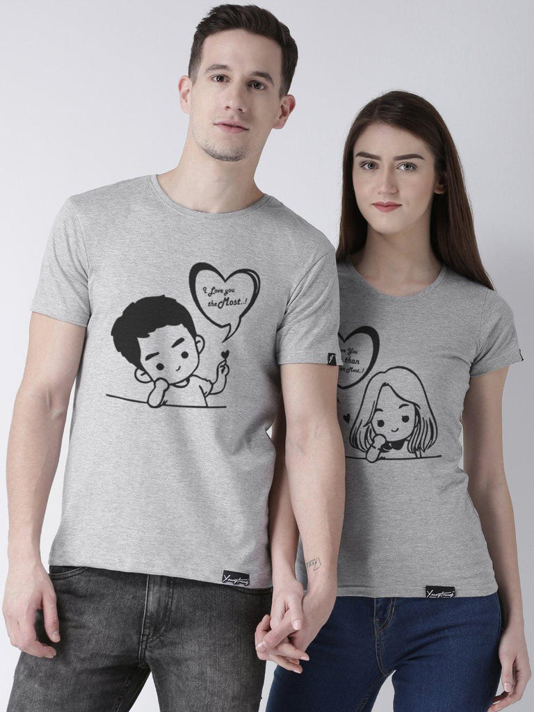 Love you Printed Grey Color Couple Tshirts - Young Trendz