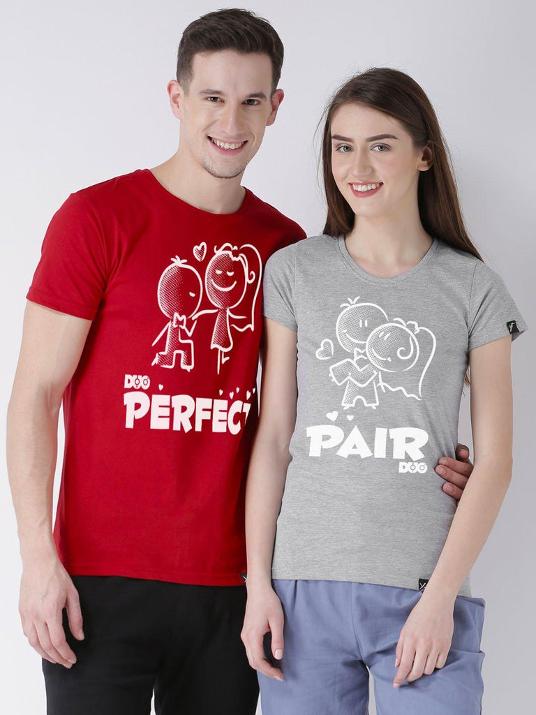 Half Sleeve Red(Men) Grey(Women) Color Printed Couple Tshirts - Young Trendz