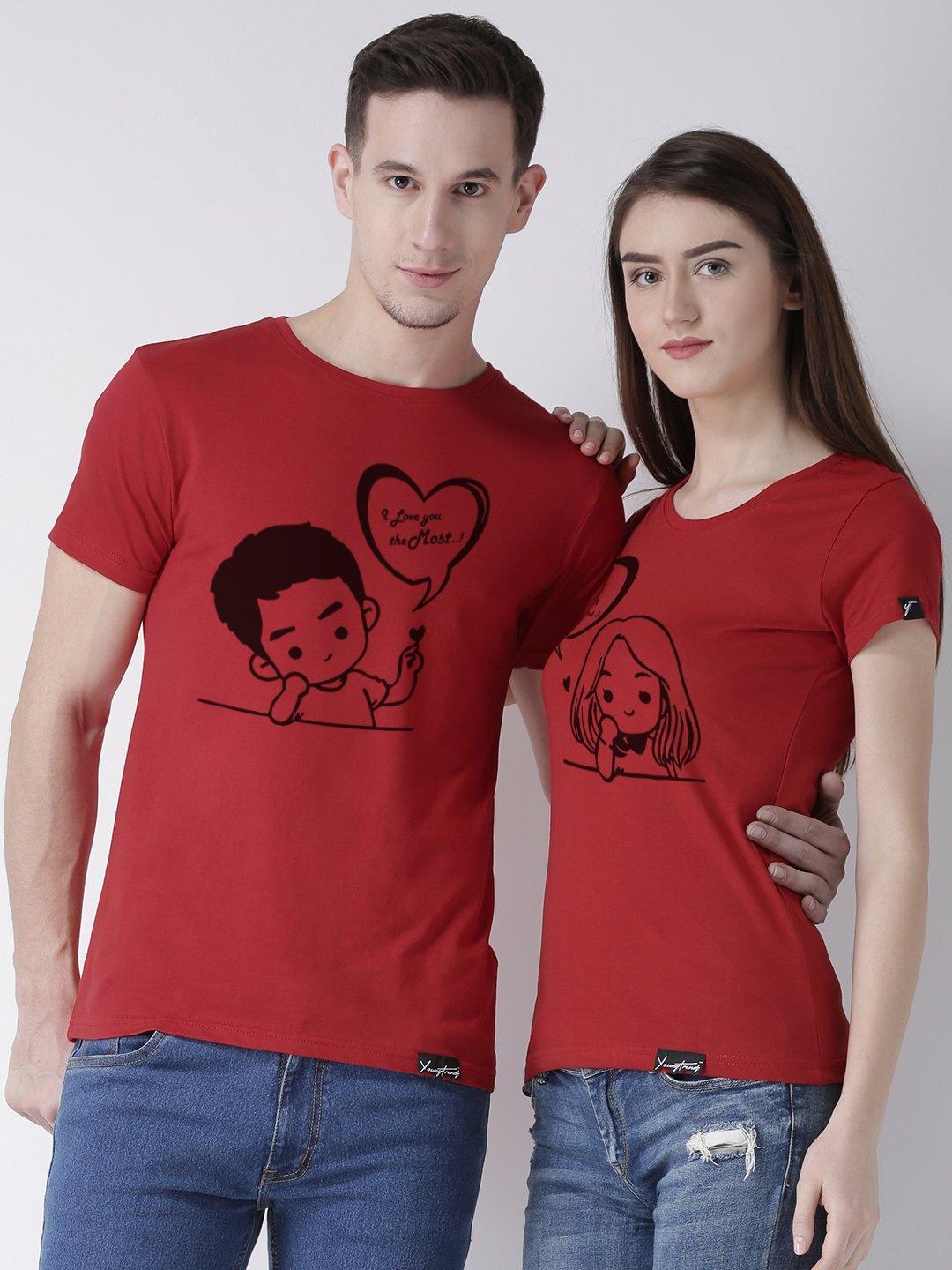 Love you Printed Red Color Couple Tshirts - Young Trendz