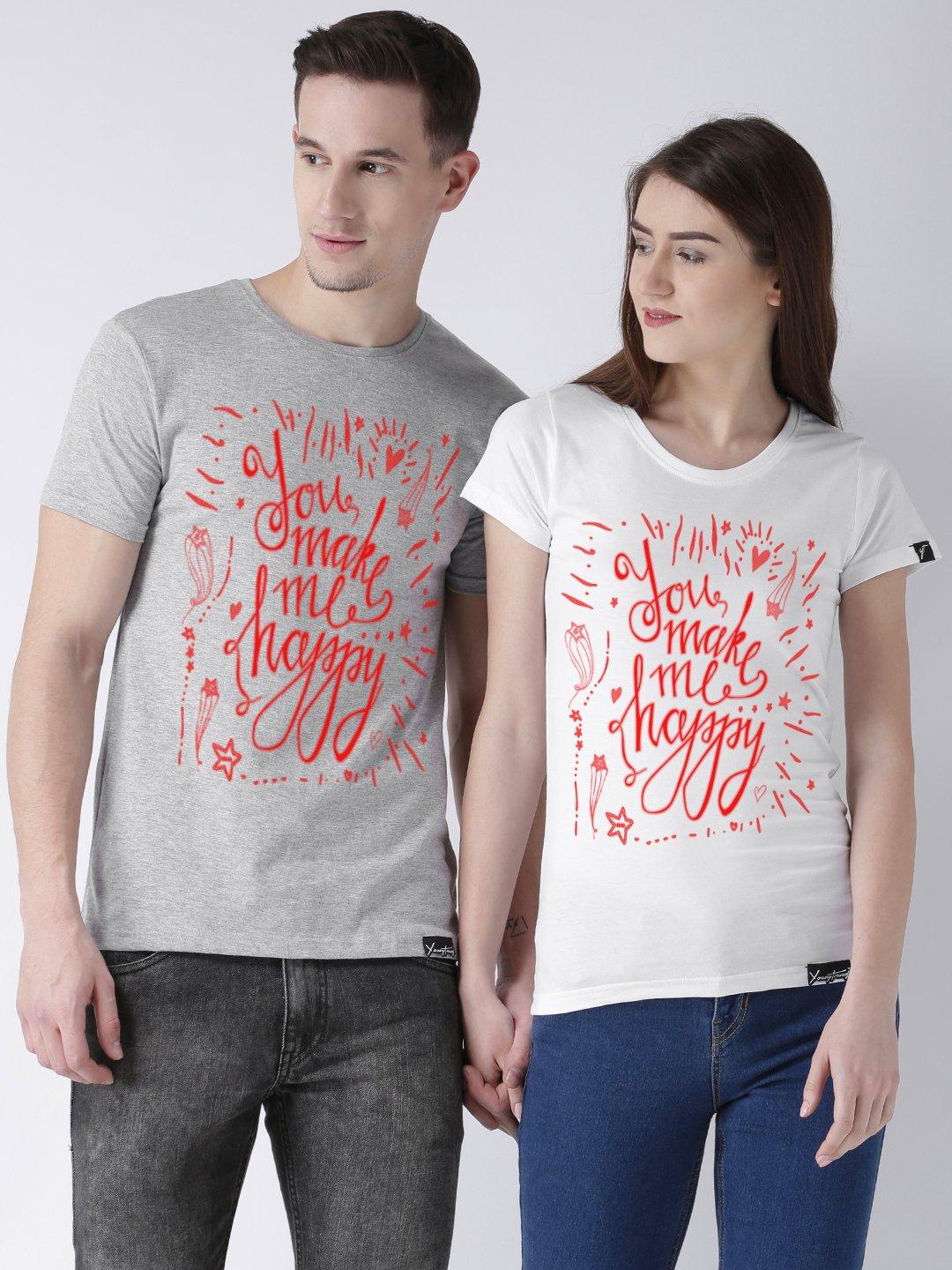 DUO-Happy Printed Half Sleeve Grey(Men) White(Women) Color Couple Tshirts - Young Trendz