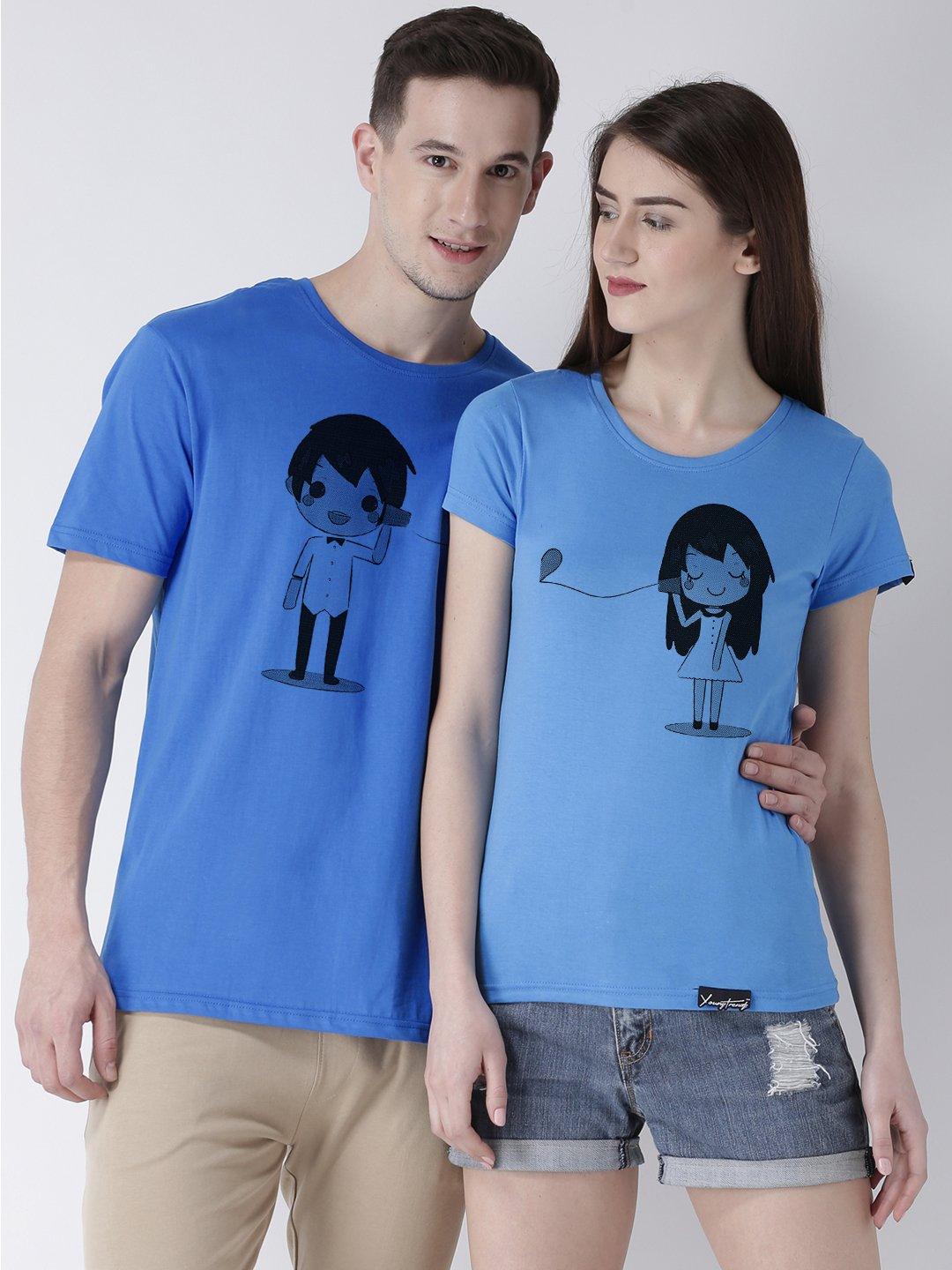 Phone Printed Skyblue Color Couple Tshirts - Young Trendz