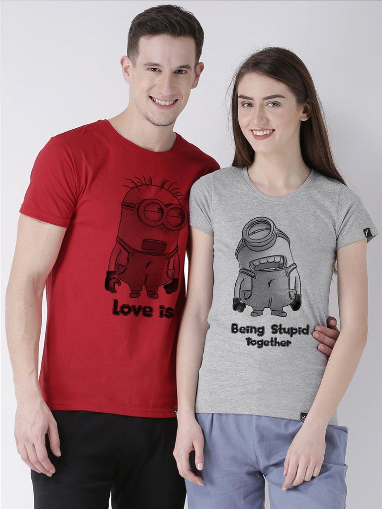 Minions Printed Red(Men) Grey(Women) Color Printed Couple Tshirts - Young Trendz