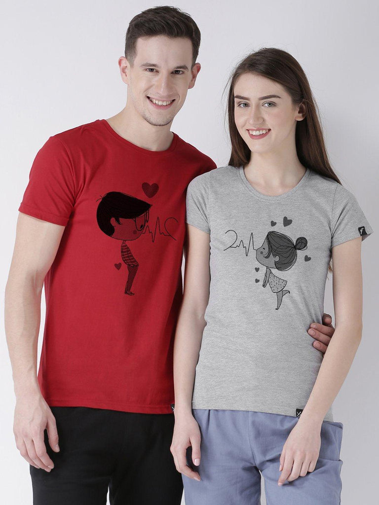 Pulse Printed Red(Men) Grey(Women) Color Printed Couple Tshirts - Young Trendz
