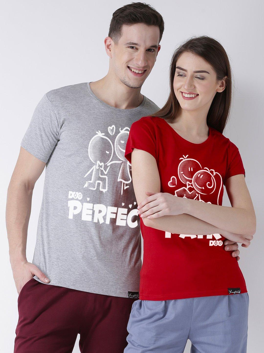 Half Sleeve Grey(Men) red(Women) Color Printed Couple Tshirts - Young Trendz