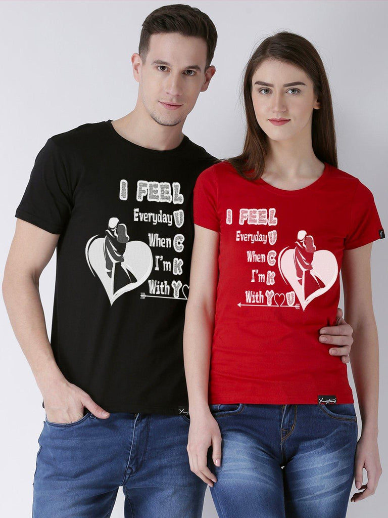 DUO-Lucky Printed Half Sleeve Black(Men) red(Women) Color Couple Tshirts - Young Trendz