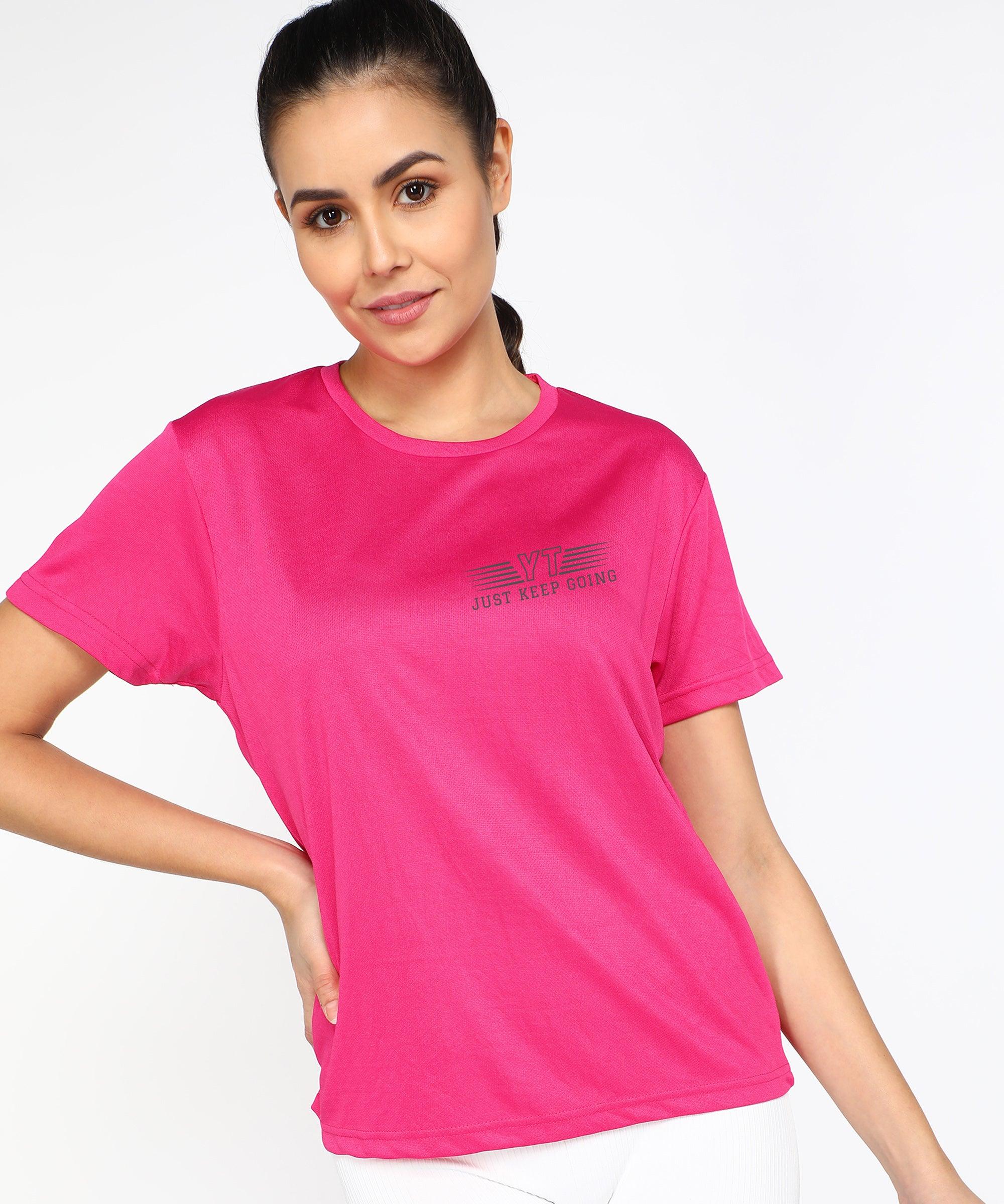 Young Trendz Womens Round Neck Half Sleeve Pocket Printed Sports Tshirt (Pink) - Young Trendz