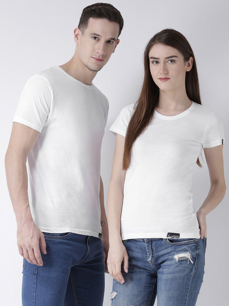 DUO-Half Sleeve White Color Plain Couple Tshirts - Young Trendz