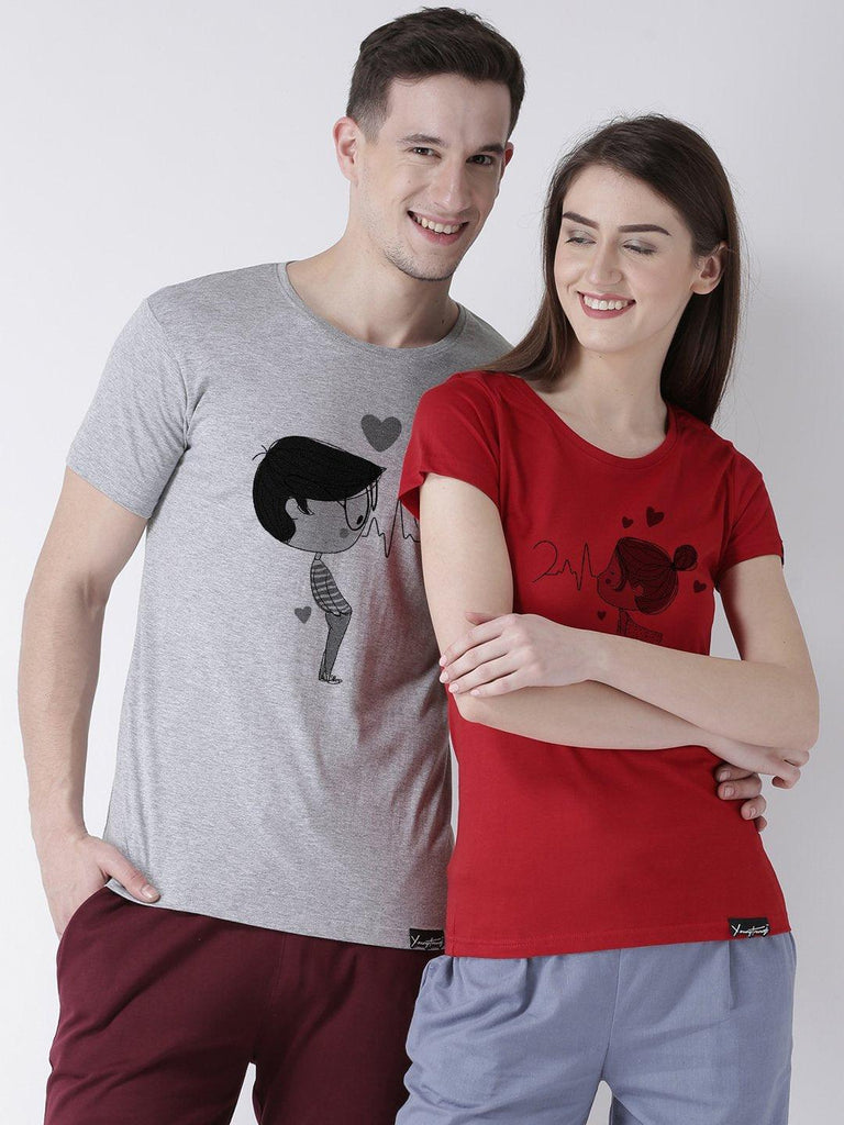 Pulse Printed Grey(Men) Red(Women) Color Printed Couple Tshirts - Young Trendz